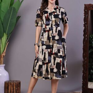 Women's Beige & Black Abstract Print Cotton Shirt Dress Midi Dresses
